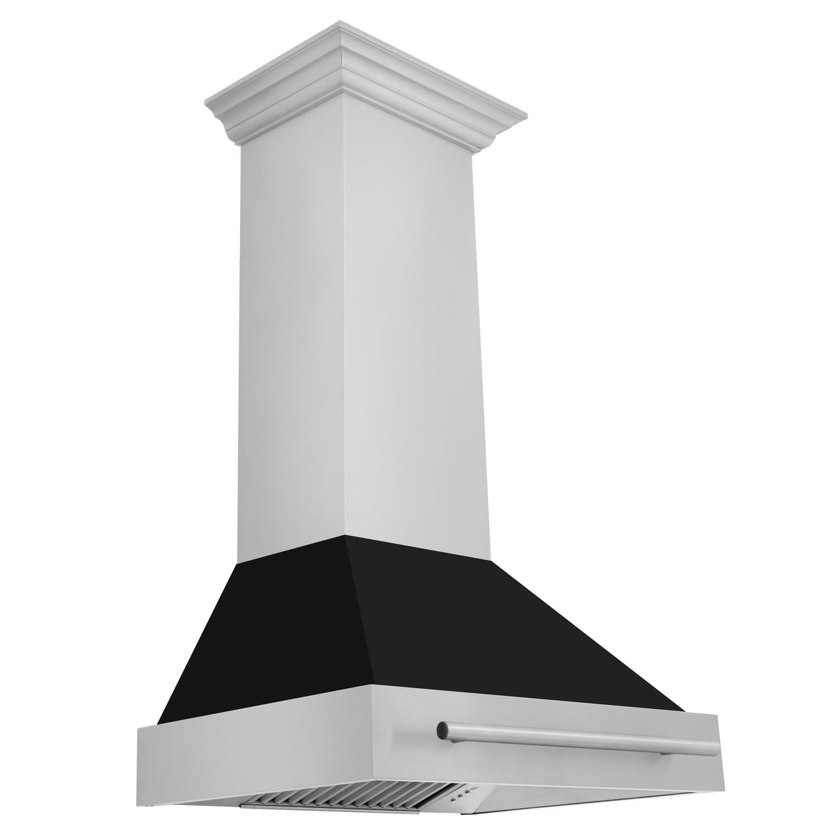 ZLINE wall mount range hood, stainless chimney, black flue, and pull-out vent tray