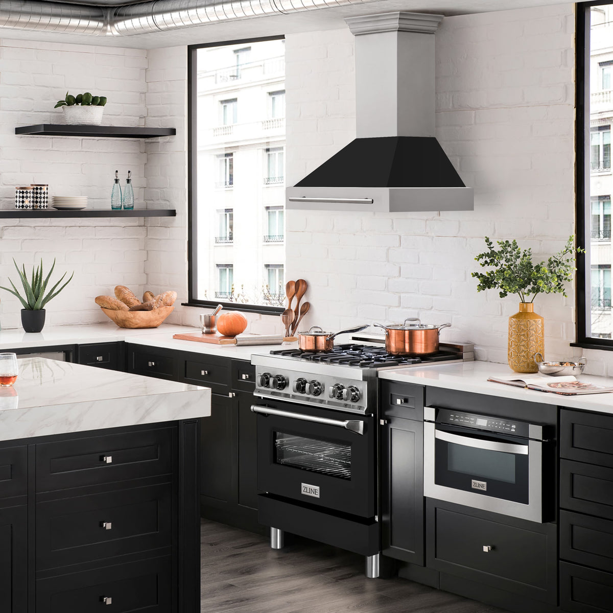 ZLINE wall mount range hood above stove, black flue and stainless chimney with control area