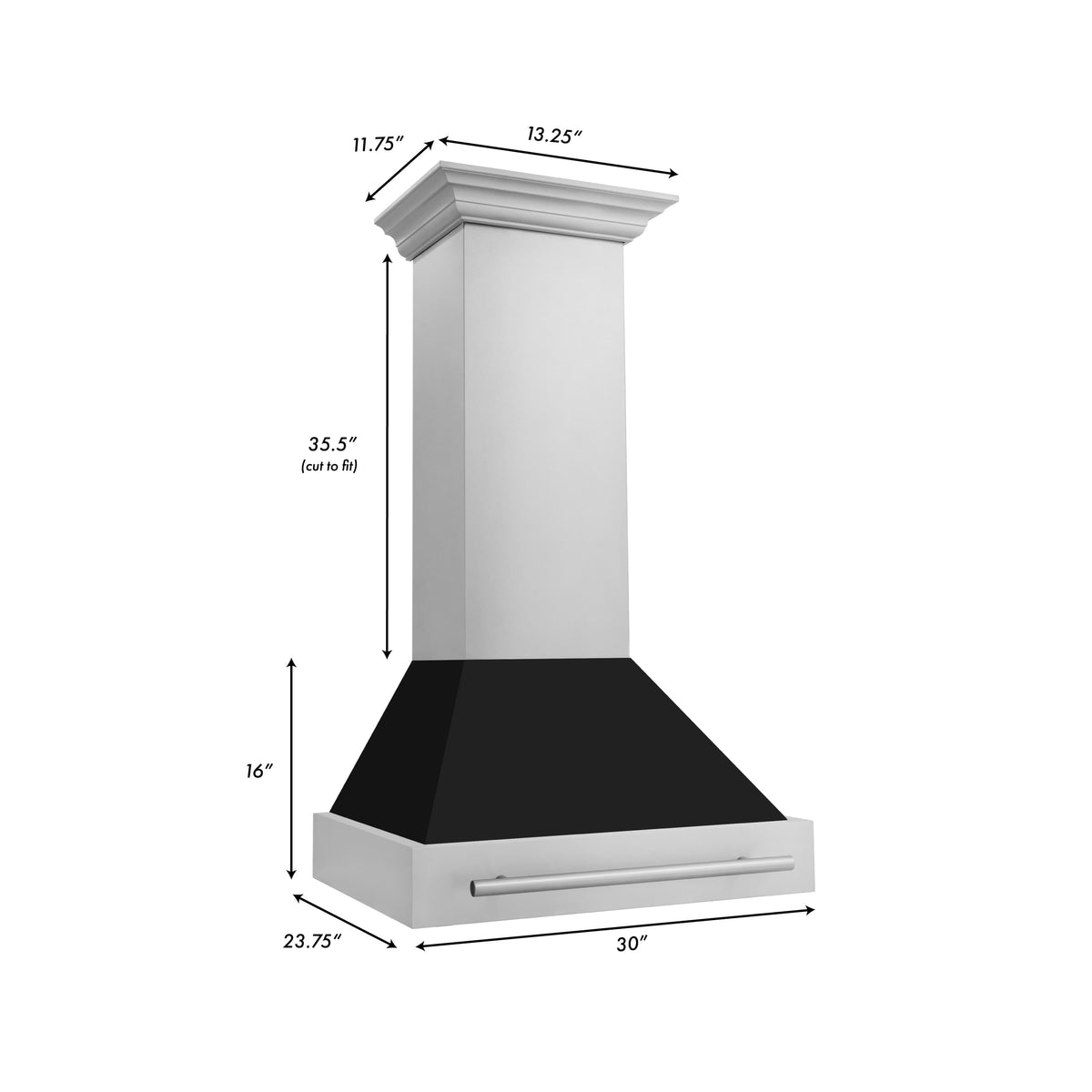 ZLINE wall mount range hood dimensions shown: 30 in width and 35.5 in height