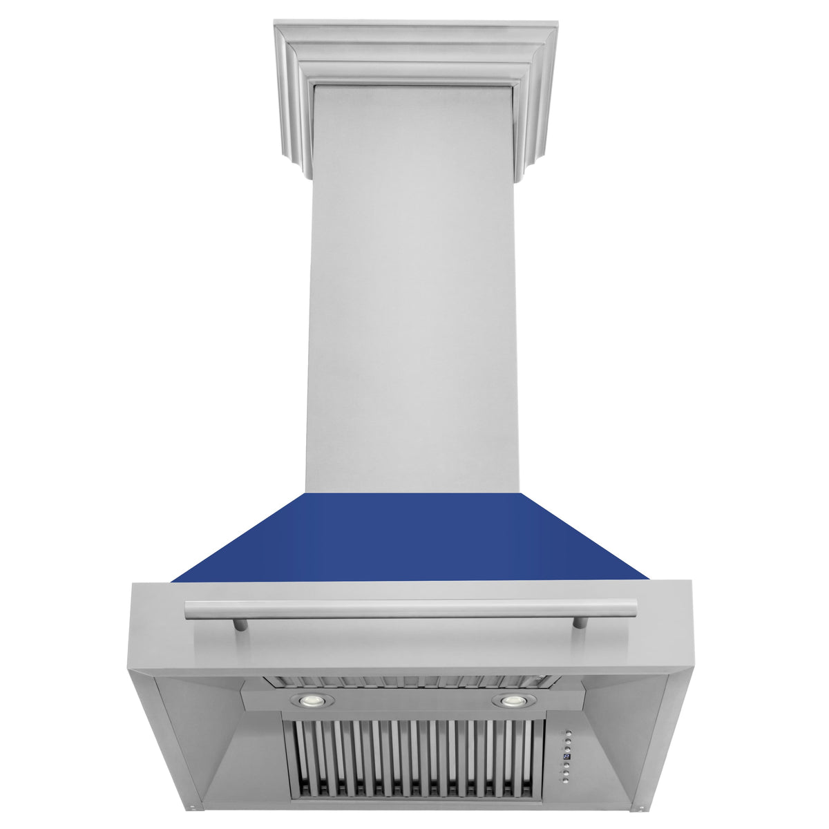 Wall mount range hood front view with stainless steel canopy, blue interior baffle, and removable filter