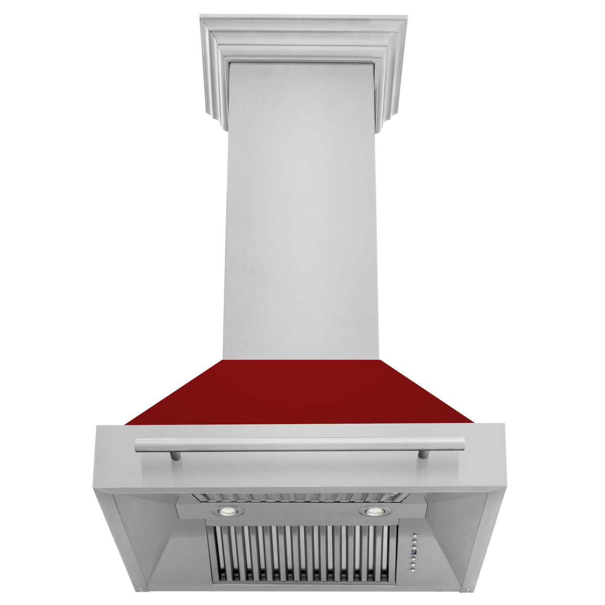 Wall-mounted range hood underside view with red glossy shell and metal vent