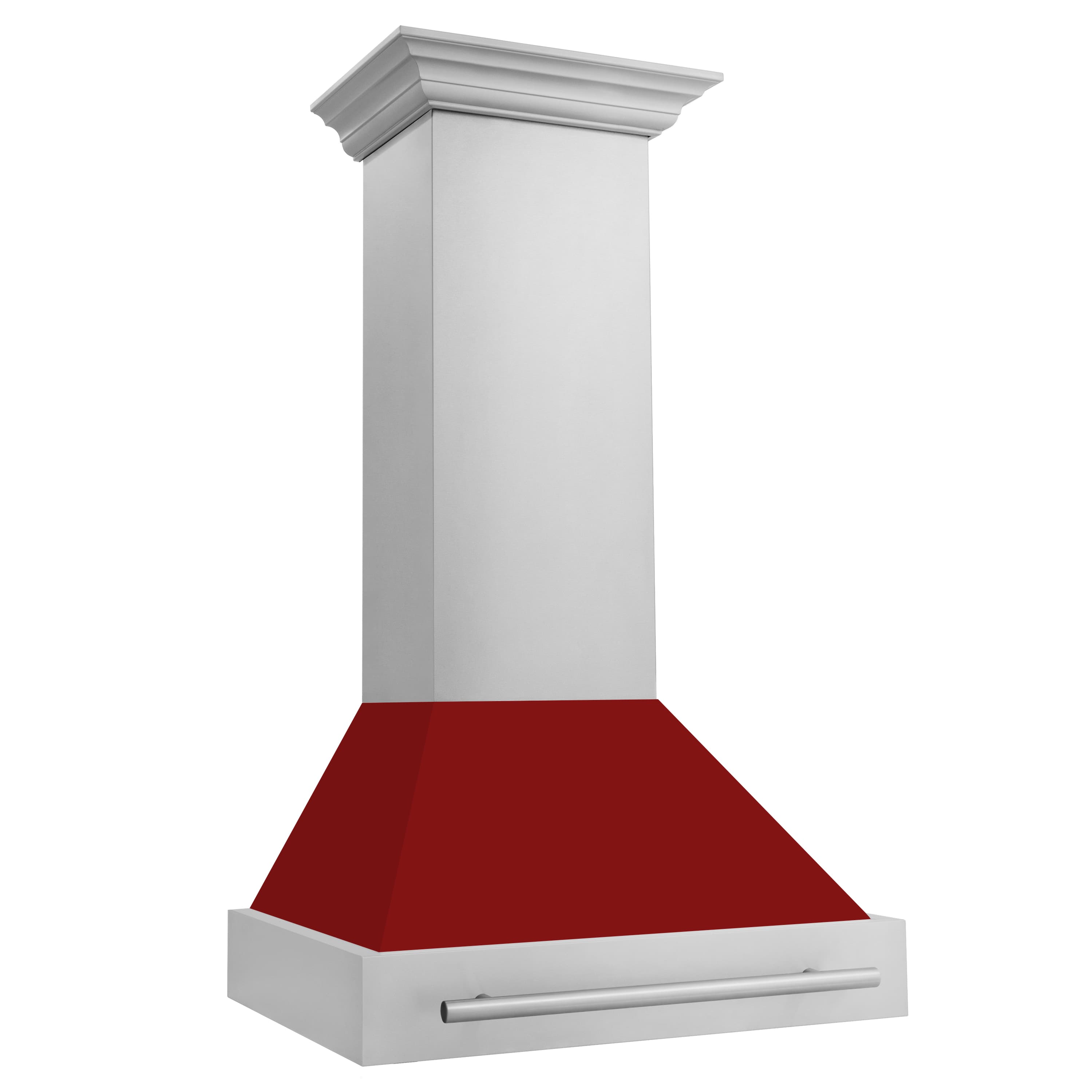 Wall-mounted range hood angled view with red glossy hood shell and front handle bar