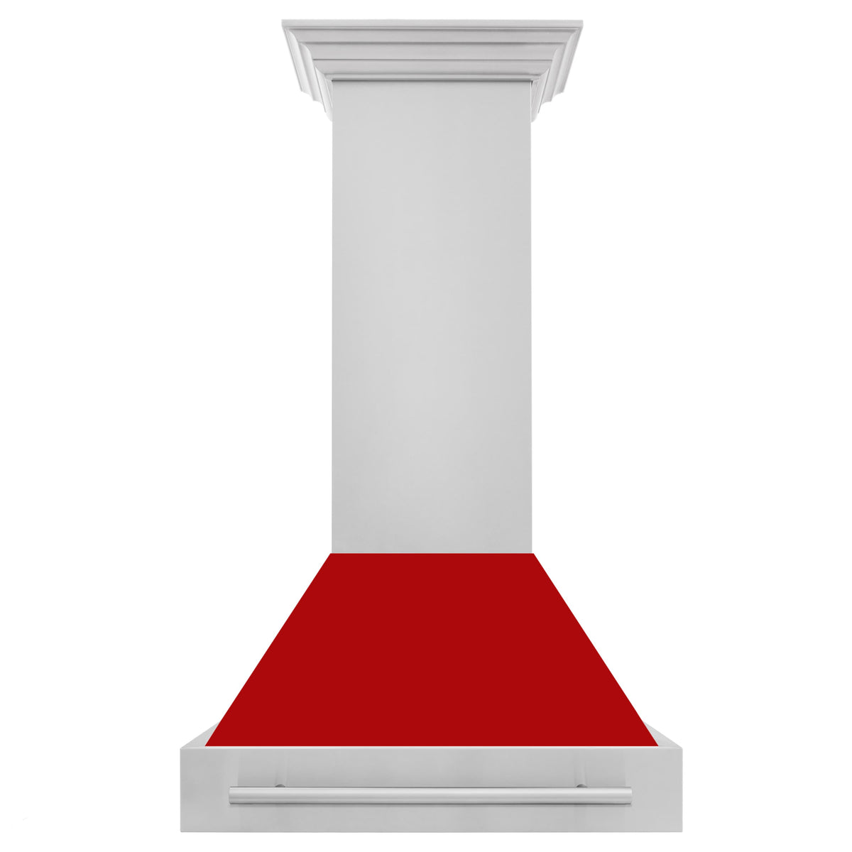 Wall mount range hood with red matte canopy, stainless handle, and white chimney