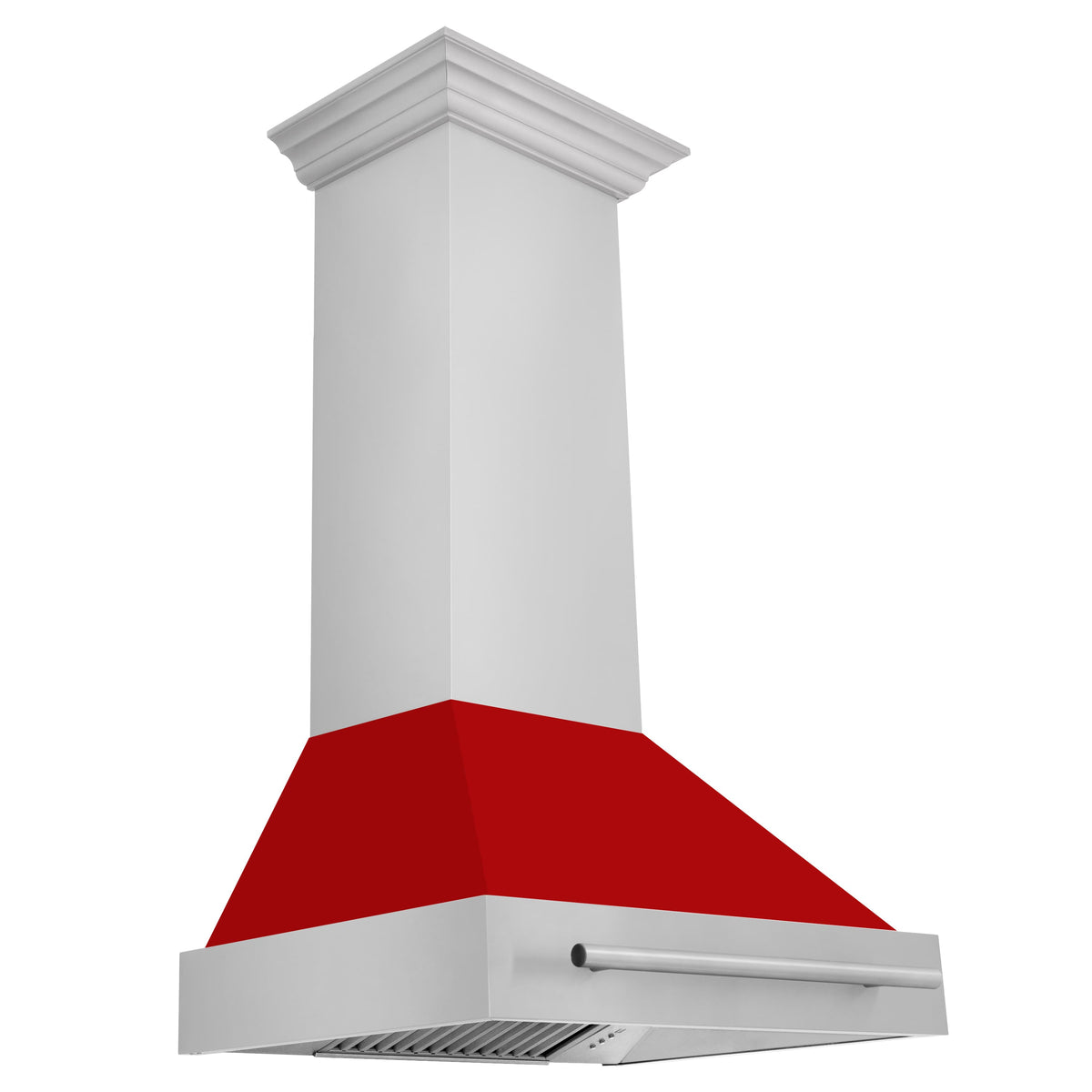 Wall mount range hood with red matte canopy and stainless handle, white chimney
