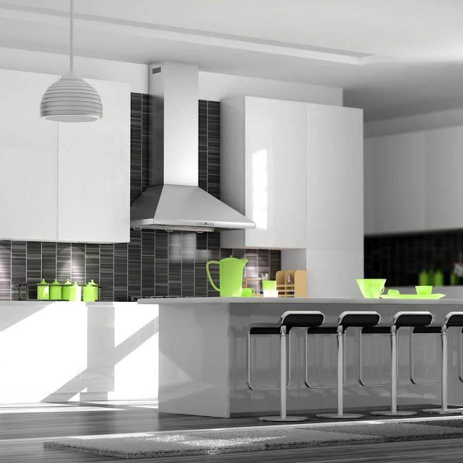 Stainless steel wall range hood canopy above cooktop with front vent grille
