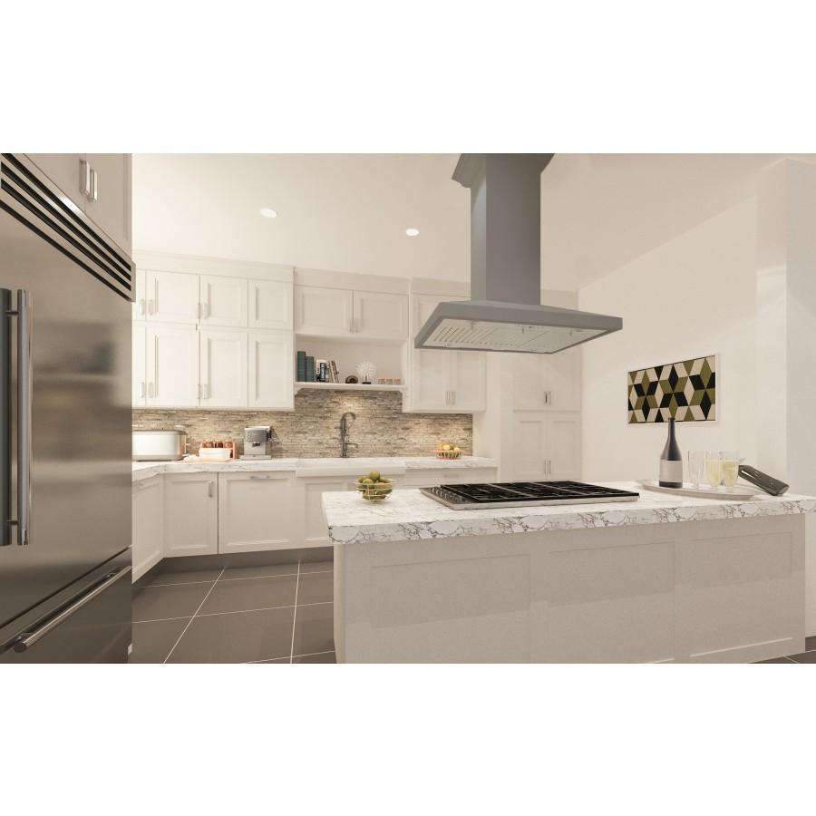 Island range hood with vented canopy and tall chimney, gray