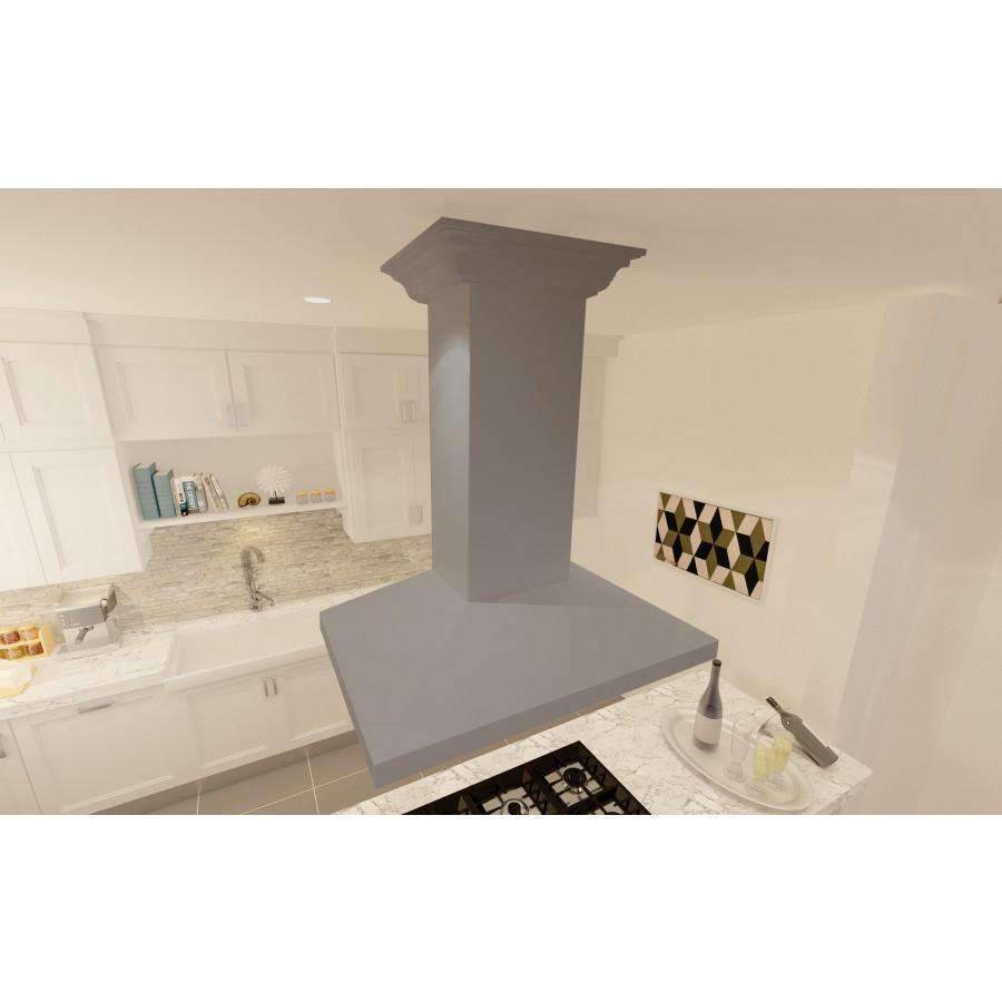Island range hood chimney with rectangular vented canopy over cooktop, gray