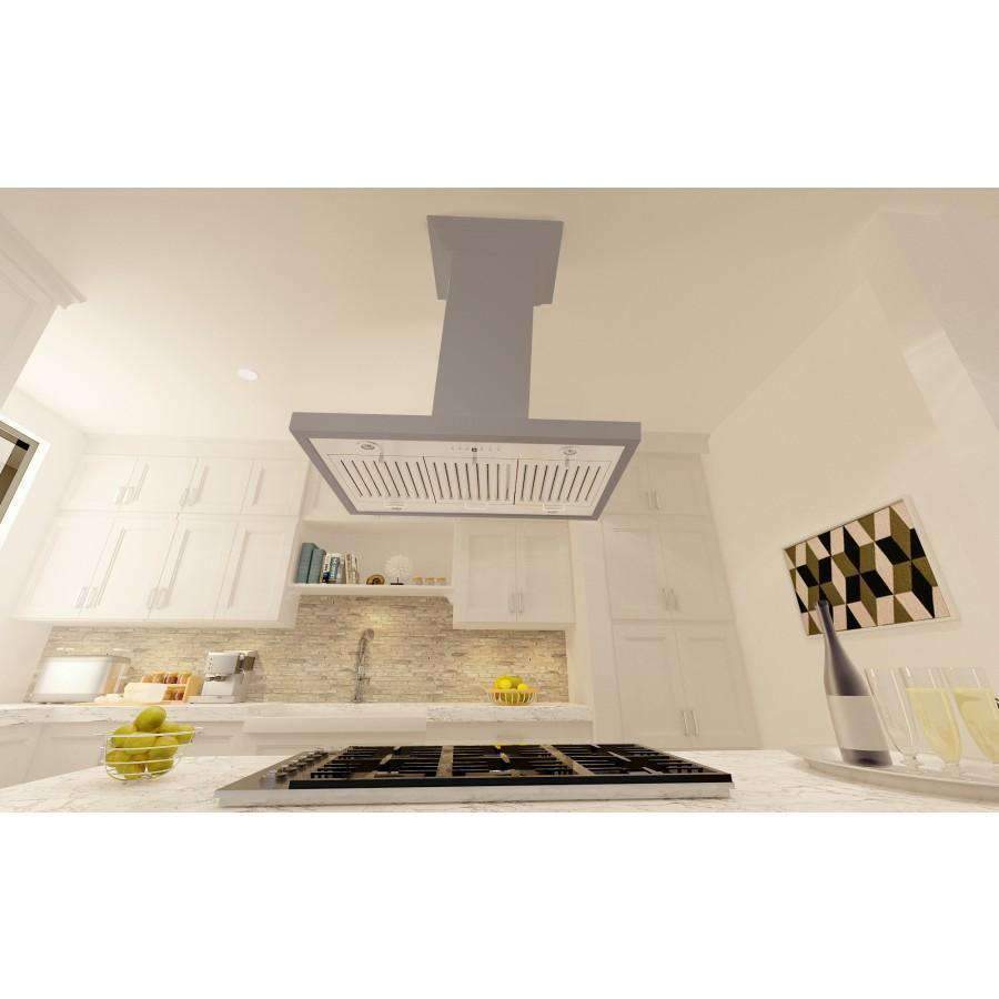 Island range hood with tall chimney and vented canopy, gray finish