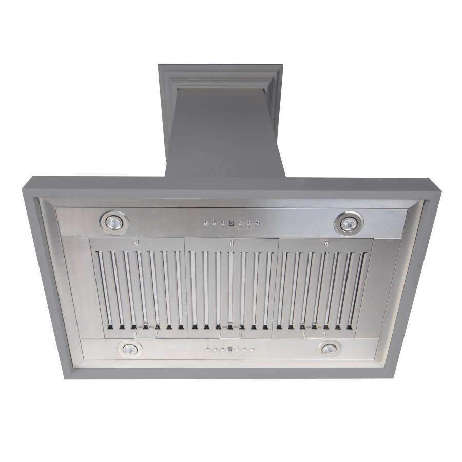 Island range hood front panel with vertical vent slats and circular knobs, gray