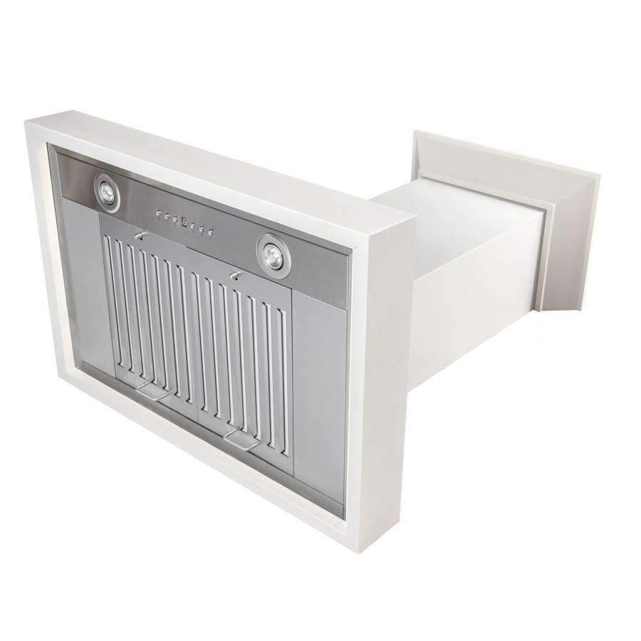 Cottage white range hood front with stainless filter panel and two round controls