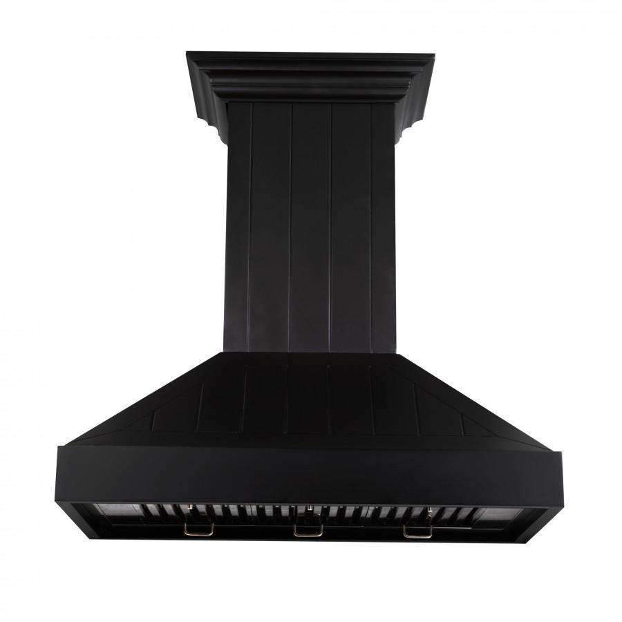 Black wooden wall range hood with fluted chimney and curved canopy