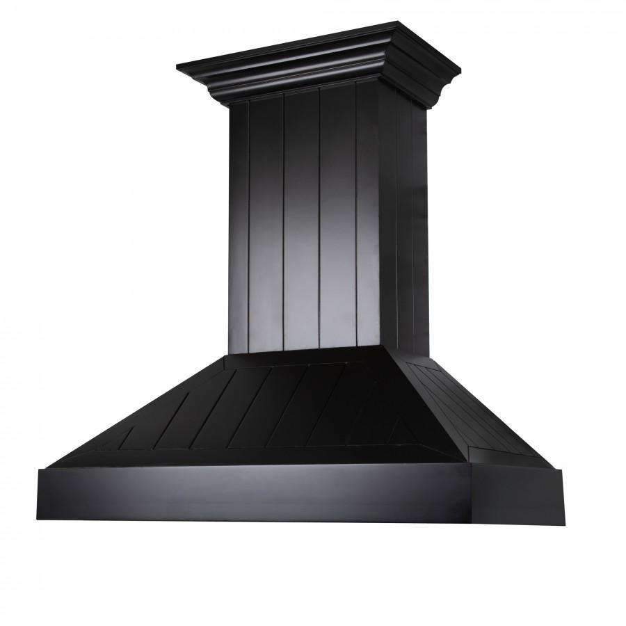 Black wooden range hood with fluted chimney and low-profile curved canopy