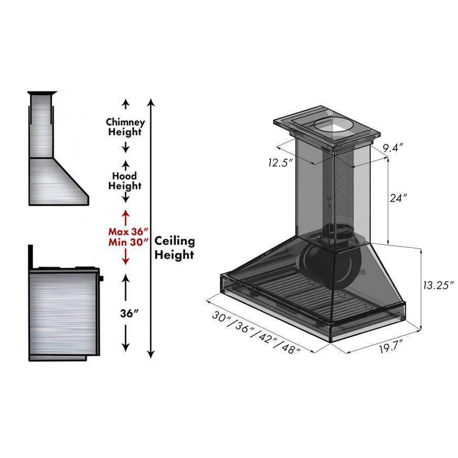 Wall range hood diagram showing chimney and base size measurements