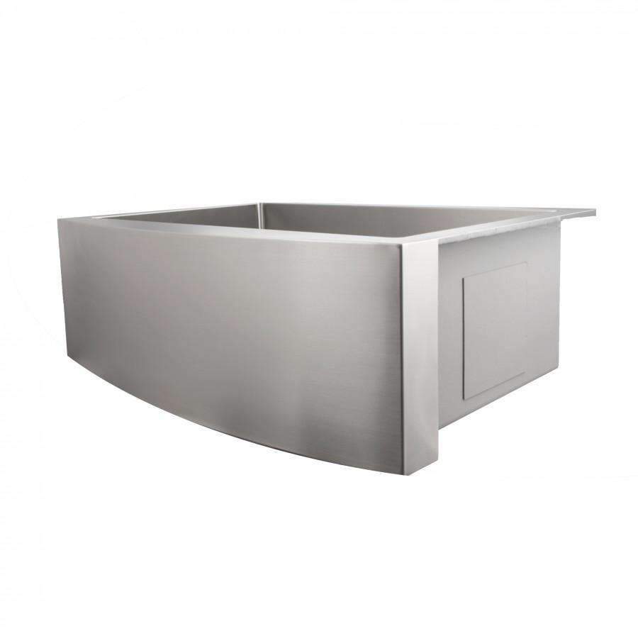 Stainless steel sink with flat apron front and side panel on a single basin