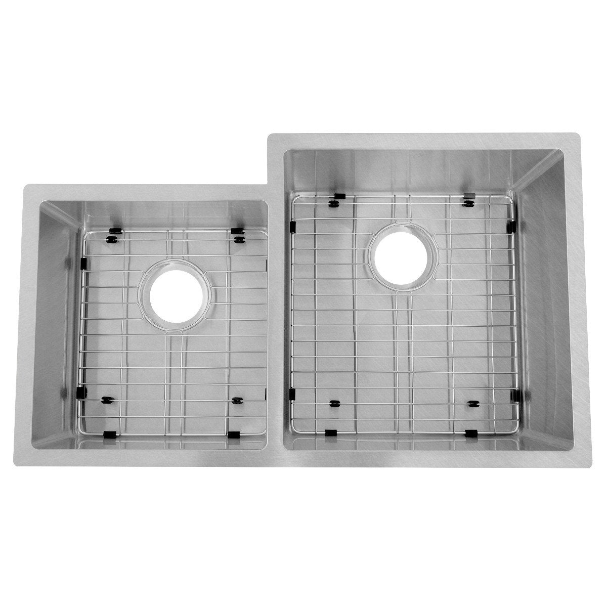 Top view of stainless steel double-bowl sink with two wire bottom grids