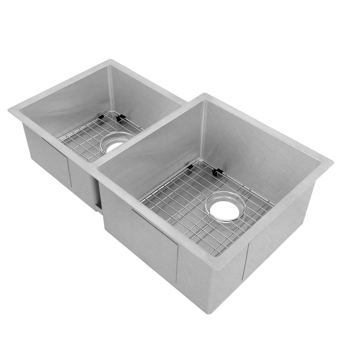 Undermount double-bowl stainless steel kitchen sink with wire bottom grids