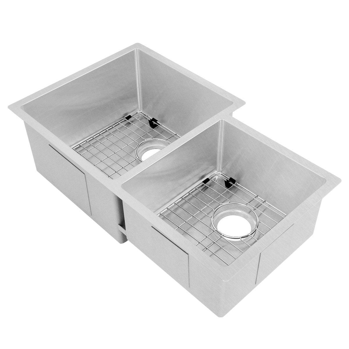 Stainless steel double-bowl undermount sink with bottom grids and circular drain openings