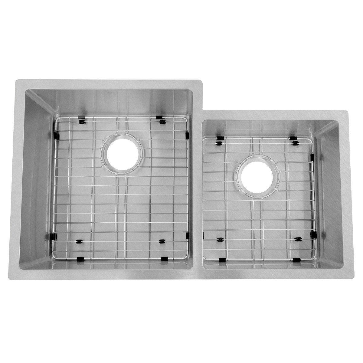 Stainless steel double-bowl undermount kitchen sink with two bottom grid drains
