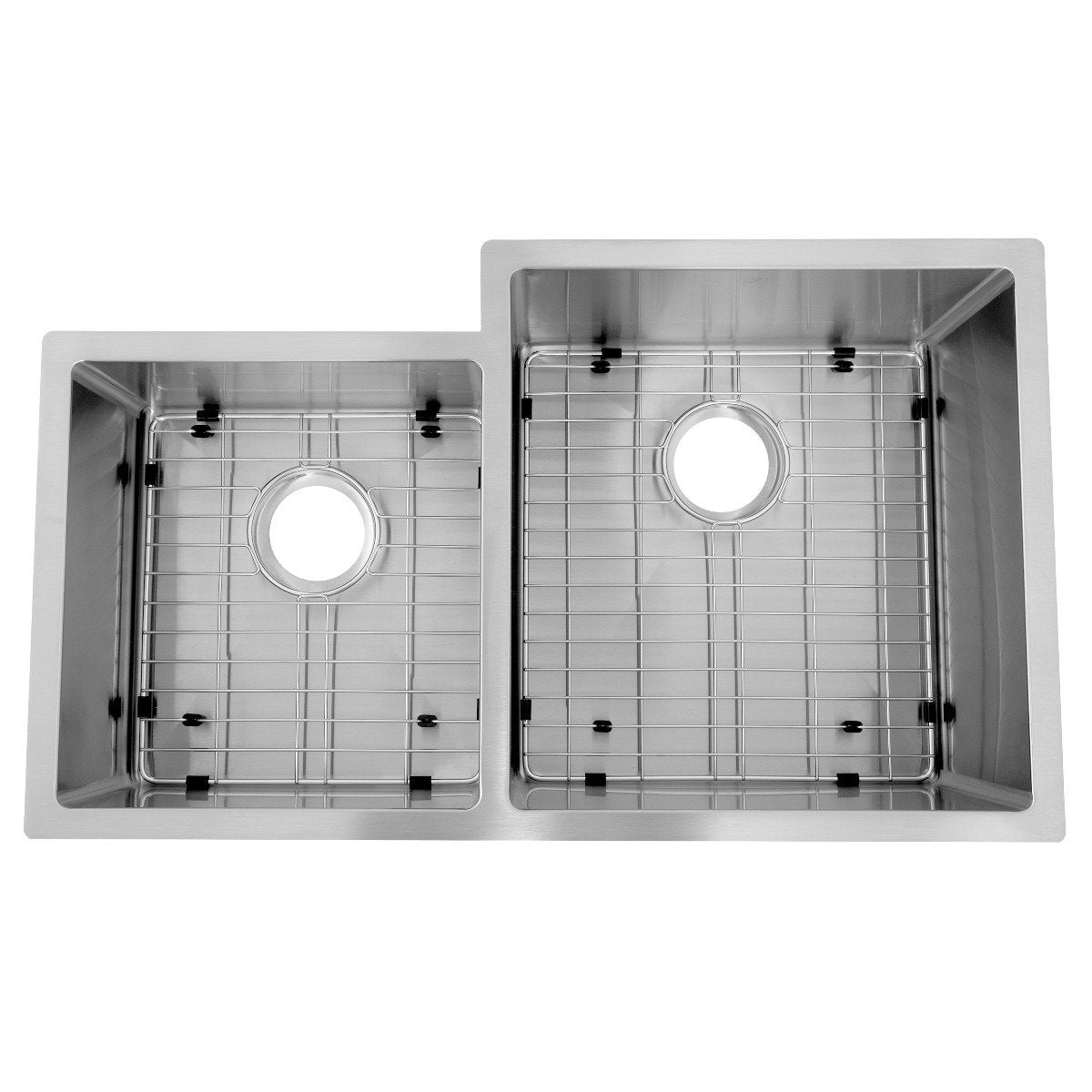 Stainless double-bowl sink with bottom grids and two circular drain strainers