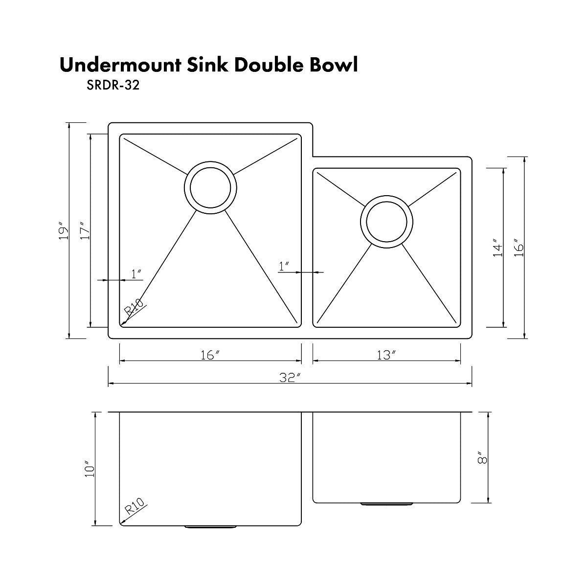 Undermount double-bowl sink dimension diagram with two drain openings and layout