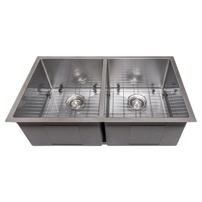 Stainless steel double-bowl undermount sink with two round drain openings and protective grid racks