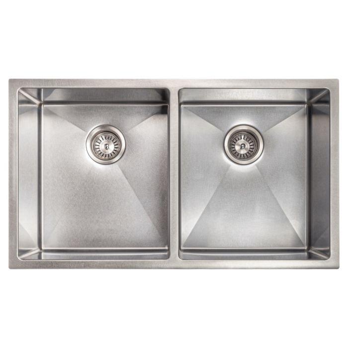 Stainless steel double-bowl undermount kitchen sink with two round drain strainers, top view