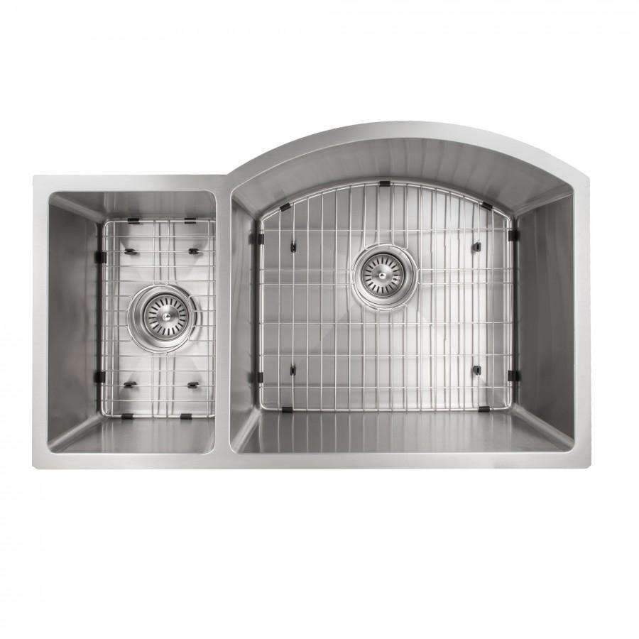 Stainless steel double-bowl undermount kitchen sink with bottom grid and drain strainers