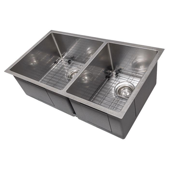 Double-bowl stainless steel sink with wire grids and two round drain strainers