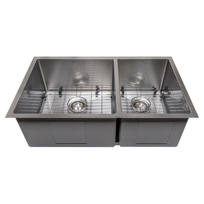 Double-bowl stainless steel sink with wire bottom grids and drain strainers
