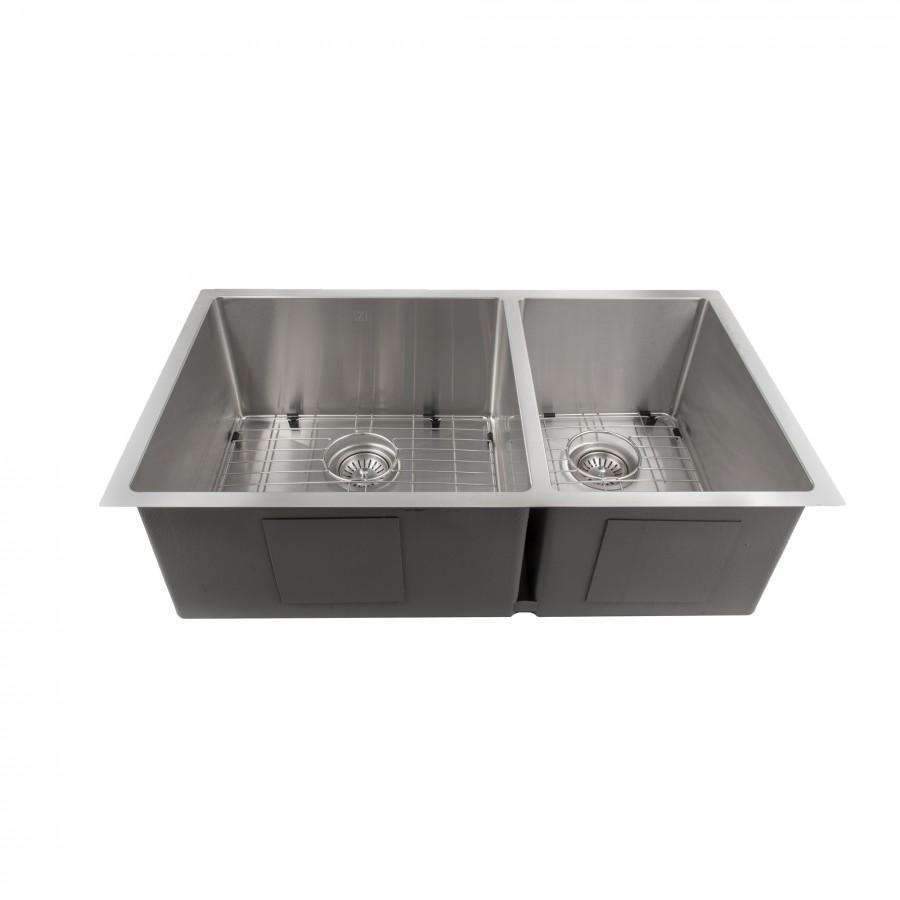 Stainless steel double-bowl undermount kitchen sink with bottom grids