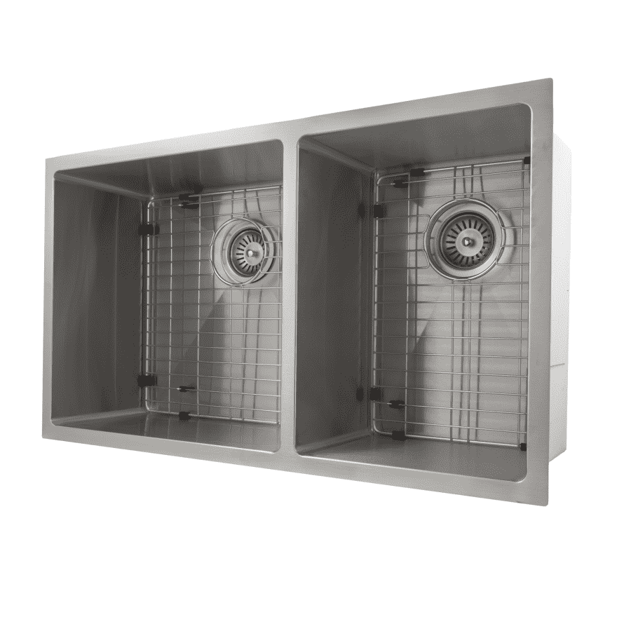 Stainless steel double-bowl sink with two bottom grids and round drain strainers