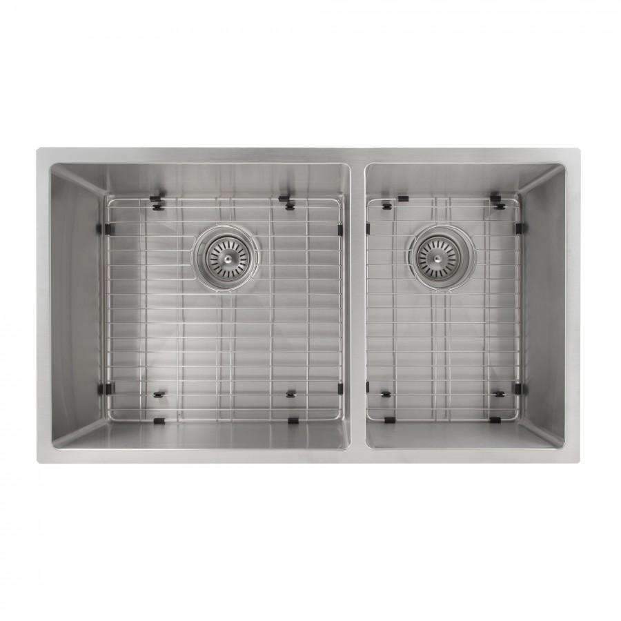 Double-bowl stainless sink with metal bottom grids and circular drain strainers