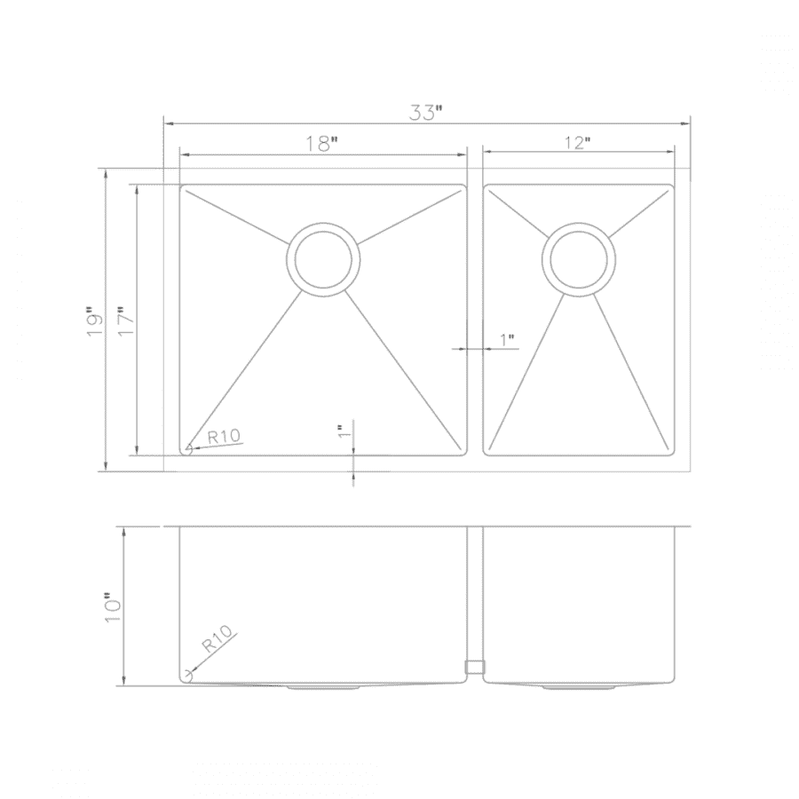 Double-bowl sink dimension diagram showing layout, cutout, and depth measurements