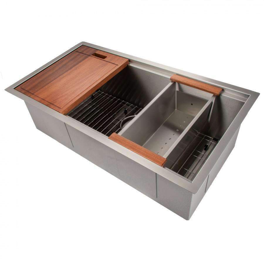 Undermount stainless steel sink with single basin, wood boards, and black bottom grid.
