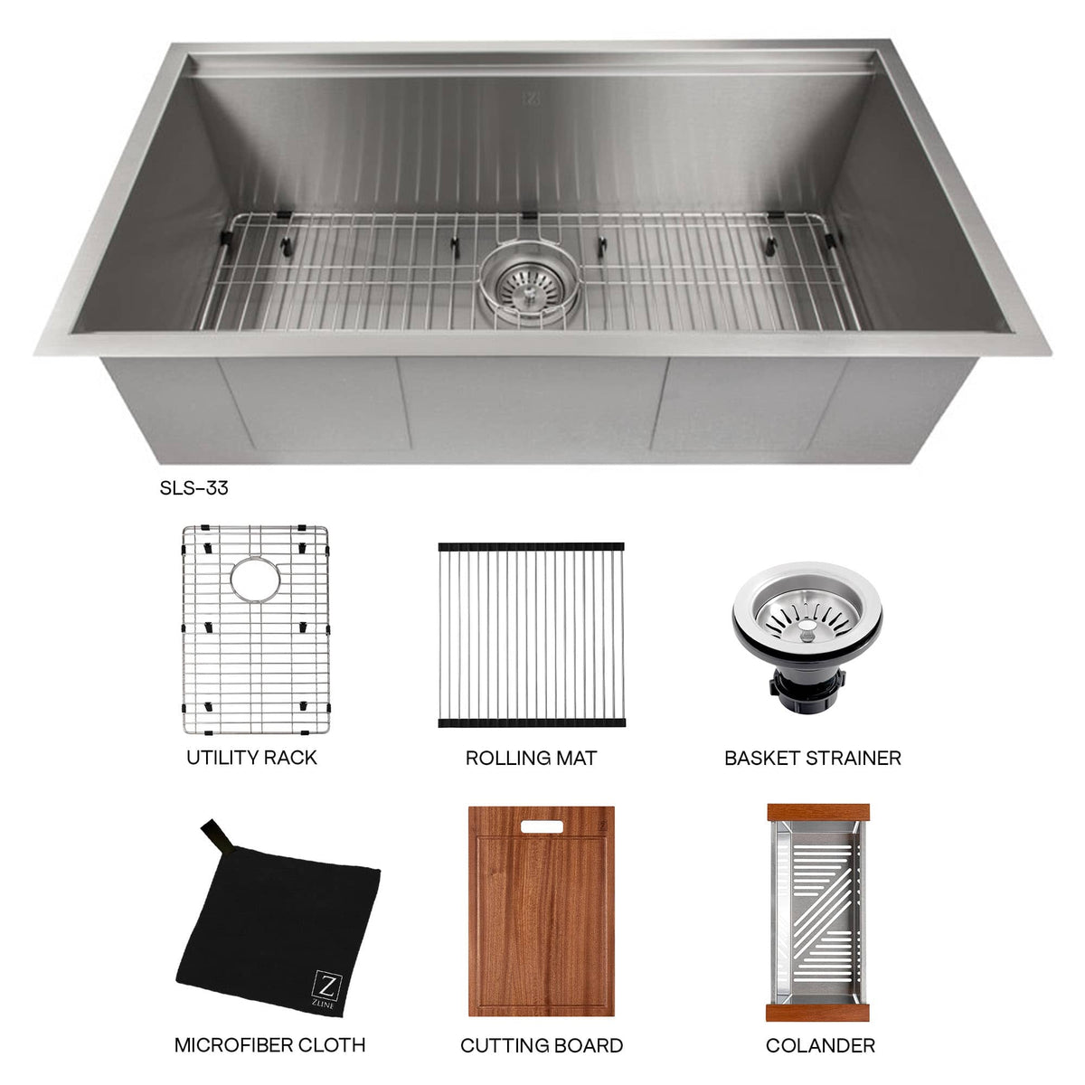 Single-bowl stainless steel kitchen sink with bottom grid and included accessories