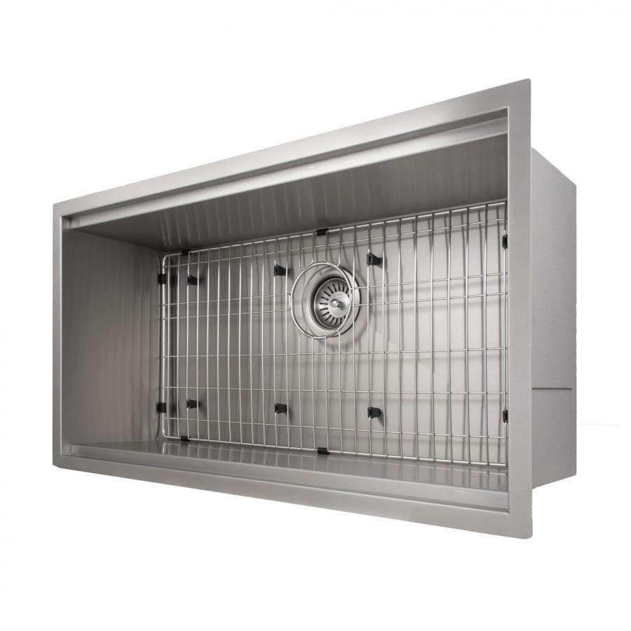 Single-bowl stainless steel undermount sink with wire bottom rack installed