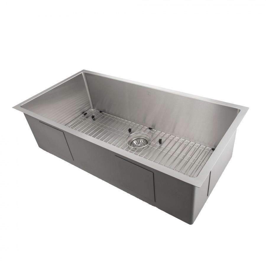 Rectangular stainless steel single-bowl kitchen sink with bottom grid and drain