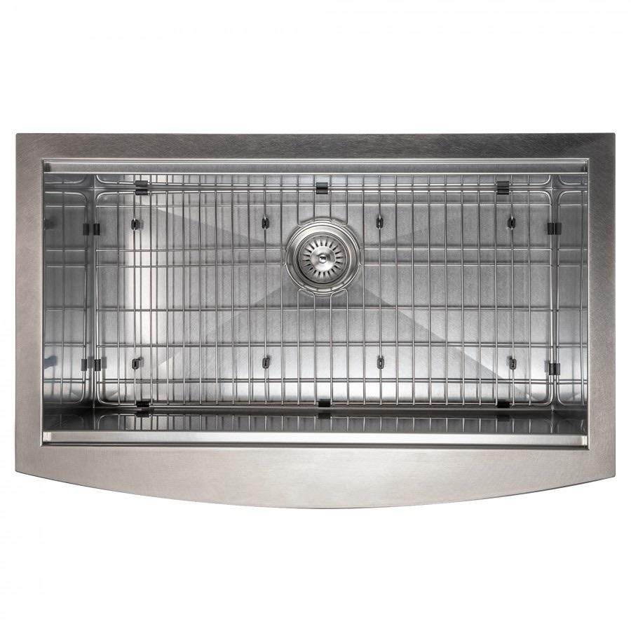 Single-bowl stainless steel kitchen sink with bottom rack grid and centered drain strainer
