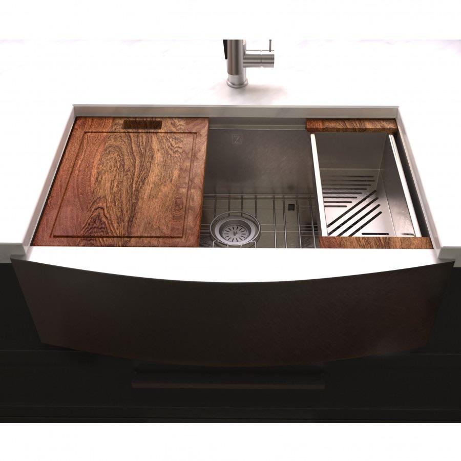 Farmhouse apron single-bowl stainless steel kitchen sink with bottom grid and wood inserts