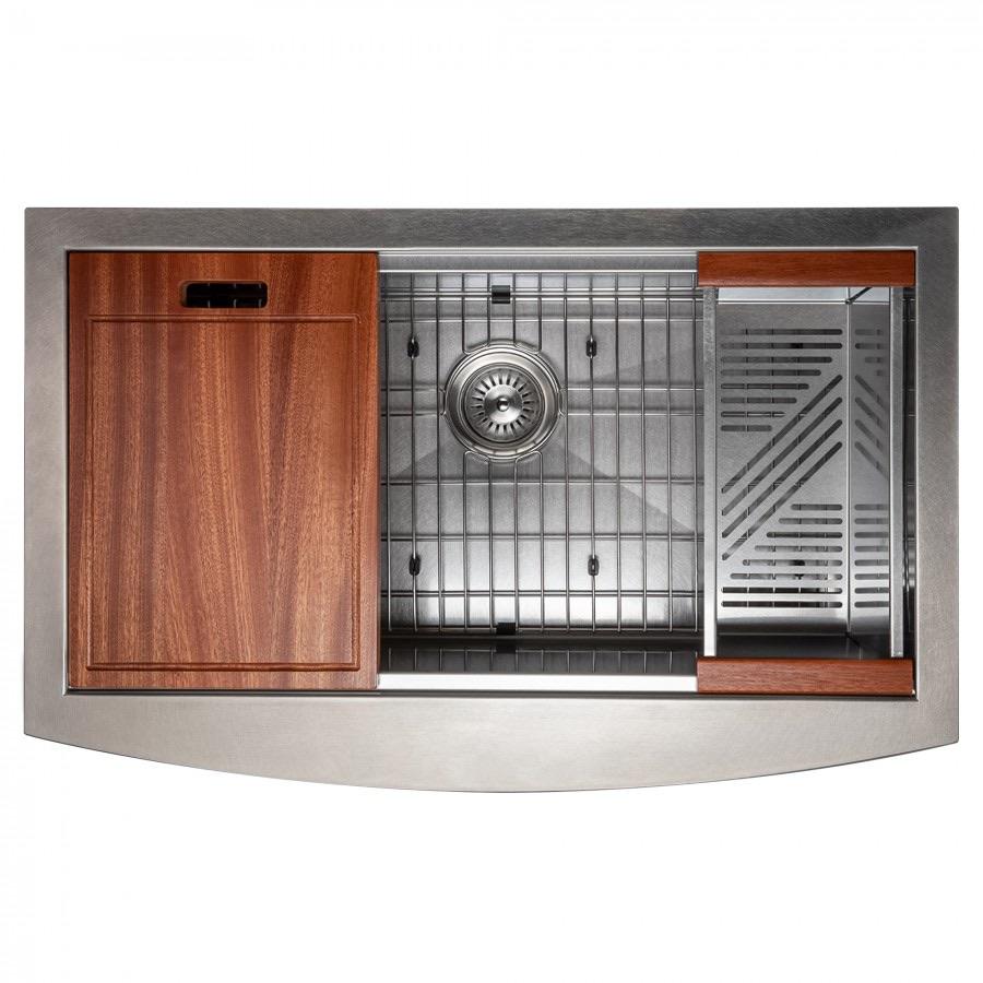 Single-bowl stainless steel sink with bottom grid, drain strainer, and wood panels