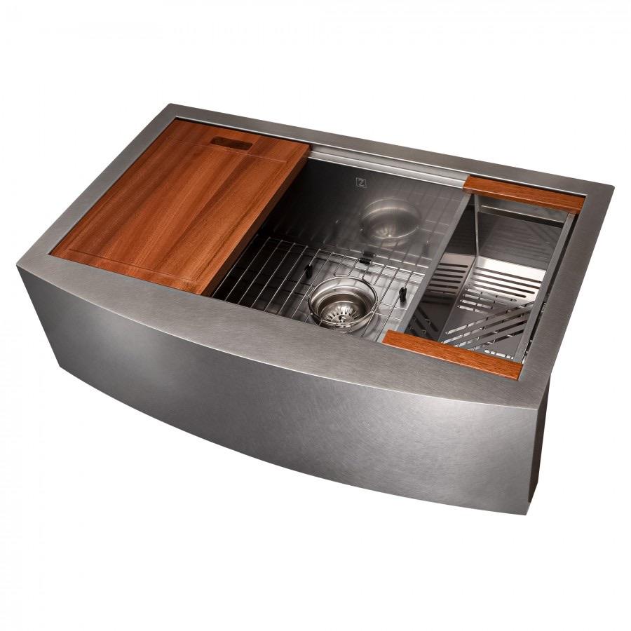 Single-bowl stainless steel sink with bottom grid, drain strainer, and wood accessories