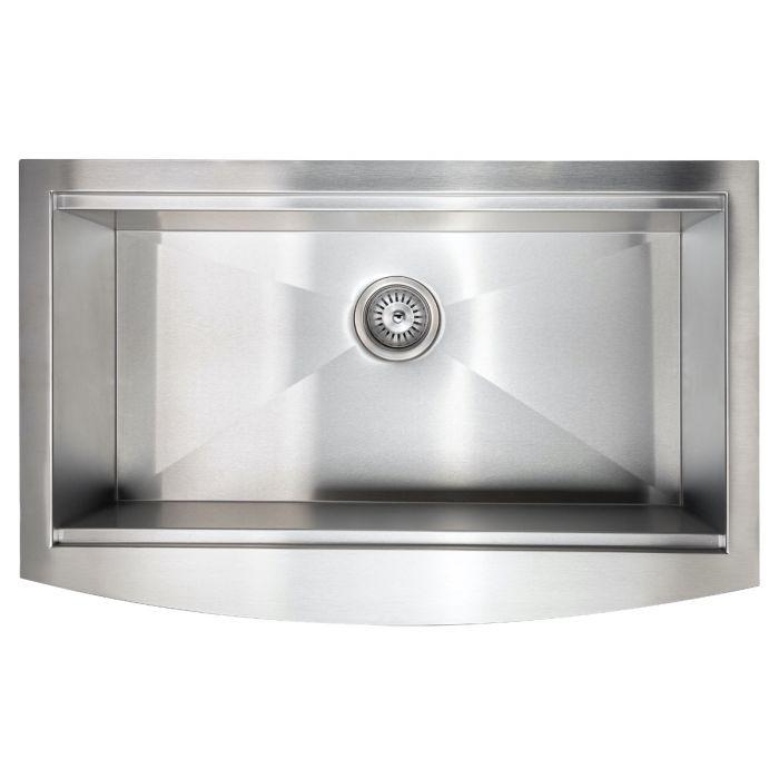 Apron-mount stainless steel single-bowl sink basin with round drain strainer and sloped interior