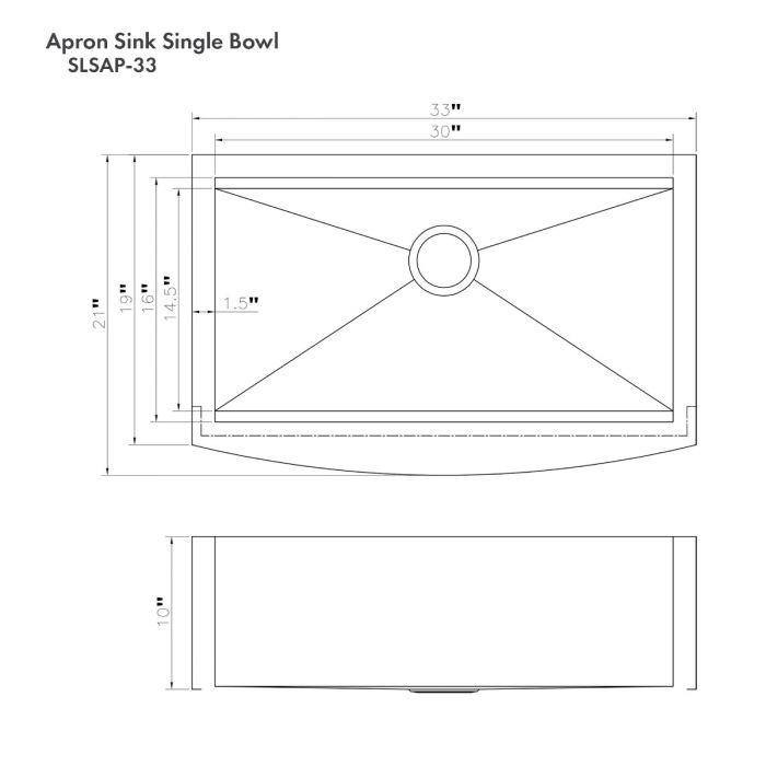 Apron-mount stainless steel single-bowl kitchen sink, top view with drain opening and dimensions