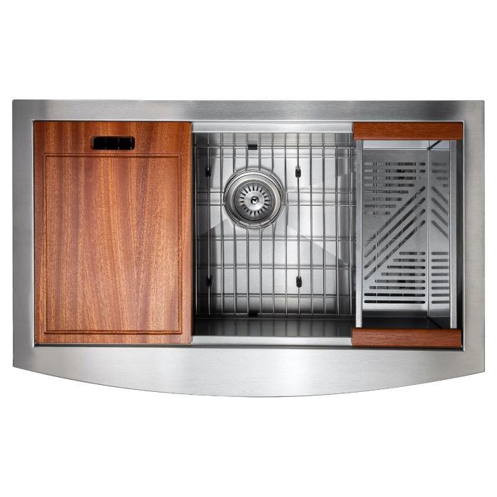 Single-bowl stainless sink with wood cutting board, bottom grid, and side rack inserts