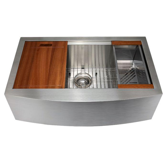 Single-bowl stainless sink with wood cutting board and side colander insert