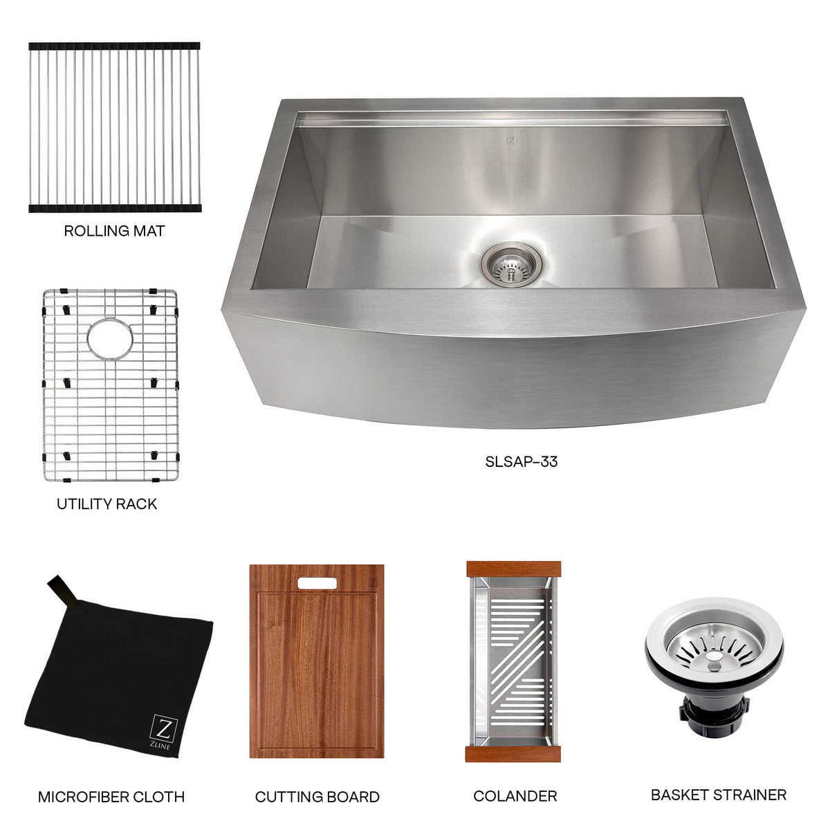 Stainless single-bowl sink with included accessories: rolling mat, rack, cloth, board