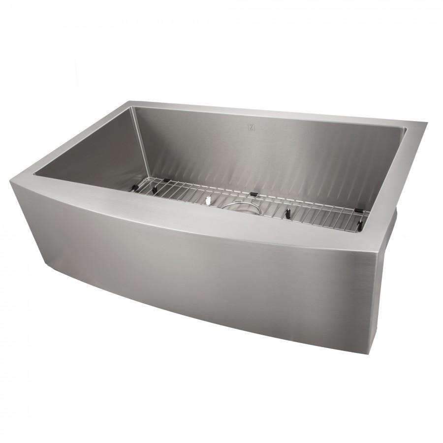 Stainless steel apron-mount single-bowl kitchen sink with bottom grid and strainer