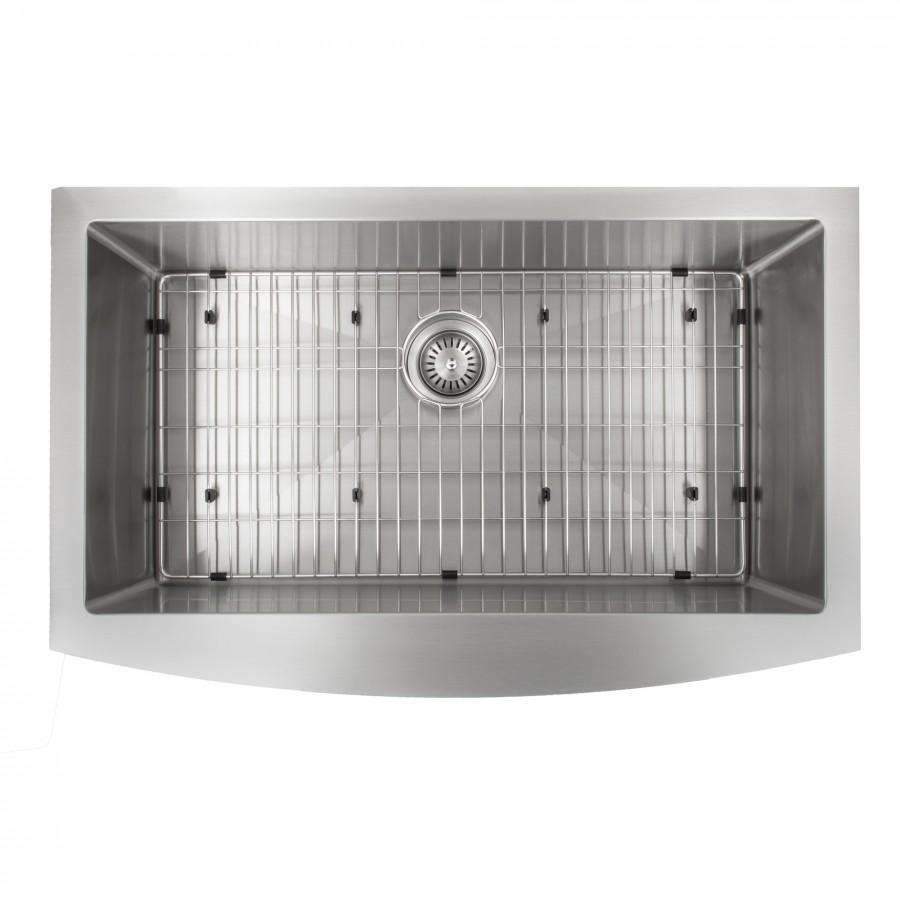 Stainless steel single-bowl apron-mount kitchen sink with bottom grid and drain