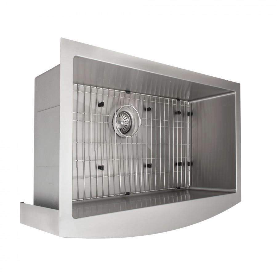 Stainless steel single-bowl apron-mount kitchen sink with front grid and drain