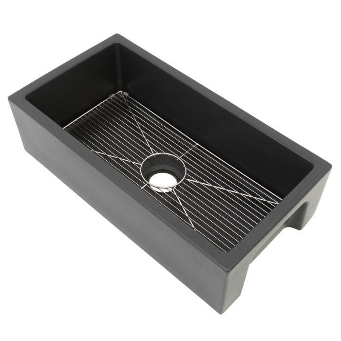 Charcoal single-bowl sink with stainless bottom grid, top view with drain strainer